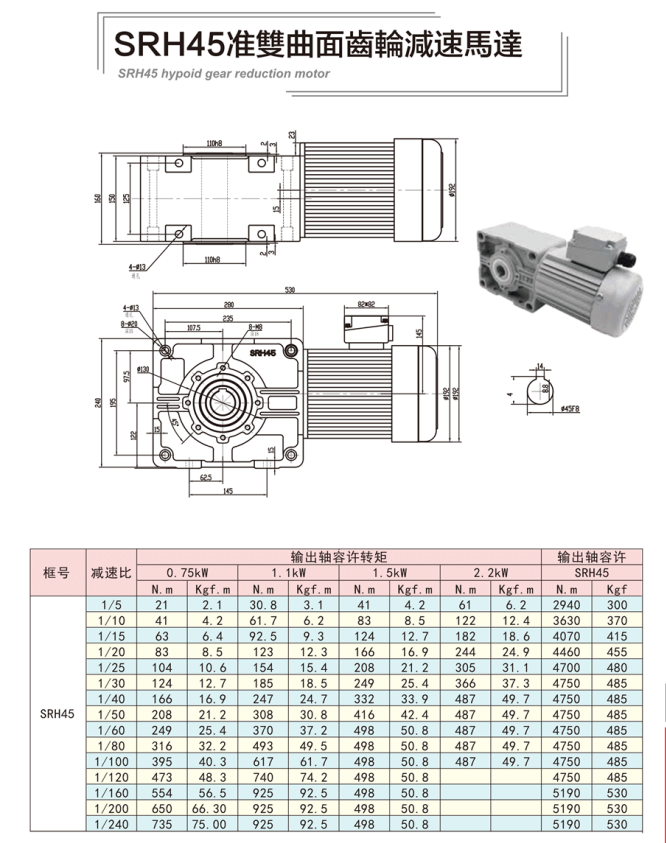 SRH45型準雙曲面直角軸減速電機系列(同心軸)士元直角減速機