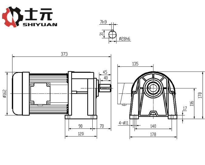 士元電機(jī)GH28-750-15S臥式減速馬達(dá)外形圖