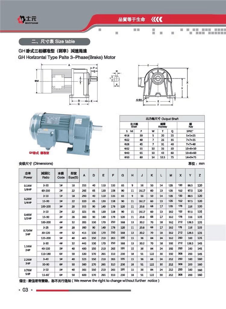 士元電機(jī) 士元減速機(jī) GH臥式GV立式 減速電機(jī)生產(chǎn)廠家 臥式三相標(biāo)準(zhǔn)型尺寸表